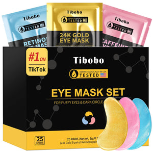Pack of 25 pairs of gold under-eye patches with caffeine and retinol, branded as a Valentines Day skincare gift.