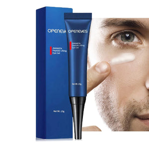 A bottle of AKARY Awaken Peptide Depuffing Eye Gel, designed to lift, firm, and hydrate the under-eye area.