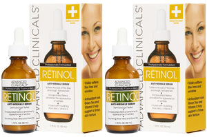 Advanced Clinicals Retinol Serum 2-pack bottles, a professional-grade anti-aging treatment for smoothing wrinkles and improving skin elasticity.
