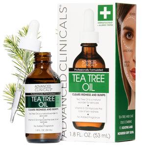 Advanced Clinicals Tea Tree Oil Facial Serum bottle with dropper, featuring a clarifying formula to help with large pores, redness, and uneven skin tone.