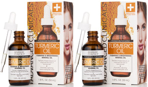 Advanced Clinicals Turmeric Oil Serum 2-pack, showing two bottles of antioxidant-rich facial oil designed to brighten and moisturize dry skin.