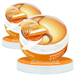 Two gold and orange boxes of Aeryea Vitamin C and Caffeine Hydra-Gel eye patches for brightening and anti-aging.