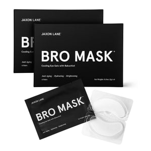 Two boxes of BRO MASK Hydrogel under-eye patches for men, 6 pairs per box, for de-puffing and anti-aging.