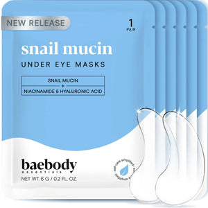 Baebody Advanced Snail Mucin Under Eye Patches packaging, showing 6 pairs of hydrogel masks designed for deep hydration and dark circle repair.