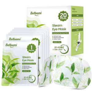 BeHoomi self heating steam eye mask green tea scented warm compress for sleep relaxation and eye fatigue relief 20 pack