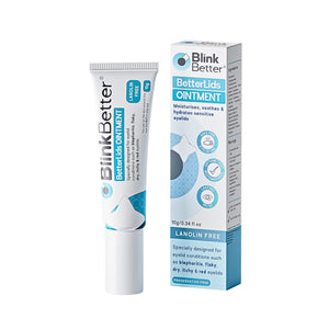 BlinkBetter 10g Lanolin-Free Eyelid Ointment tube for dry and sensitive eye areas.