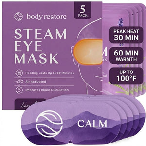 Body Restore 5-pack of lavender-scented self-heating warm compress eye masks for relaxation and dry eye relief.