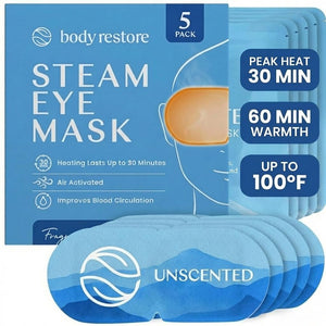 Body Restore 5-pack of unscented self-heating warm compress eye masks for sensitive eyes and dry eye relief.