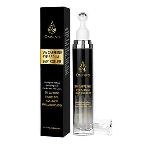 Caffeine Eye Serum with 360-degree cooling roller ball for puffiness and dark circle reduction.