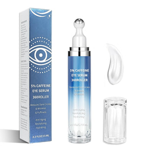 Advanced Eye Cream with a 360-degree stainless steel rollerball applicator, combining Caffeine and Retinol to target eye bags and fine lines.