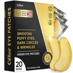 Celor Under Eye Patches 20-pair travel jar – gold hydrogel masks for quick eye refreshment.