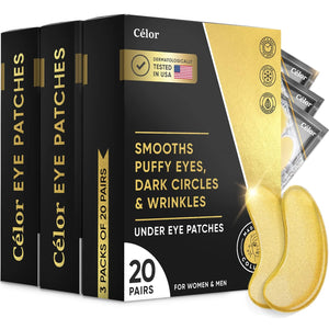 A jar of Celor Under Eye Patches containing 60 pairs of gold-infused collagen eye masks.
