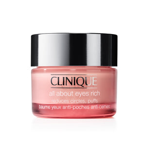 Clinique All About Eyes Rich 1 oz jar – a deeply hydrating eye cream for dark circles and puffiness.