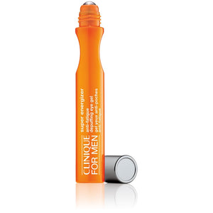 0.5 fl oz orange tube of Clinique For Men Super Energizer Anti-Fatigue De-Puffing Eye Gel with a cooling stainless steel rollerball.