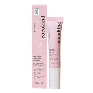Cocokind Peptide Eye Gel tube with a cooling metal applicator, designed for soothing and treating the delicate under-eye area.