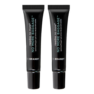 Two 0.23 oz travel-size tubes of Dr. Brandt Needles No More, No More Baggage for instant eye bag reduction.