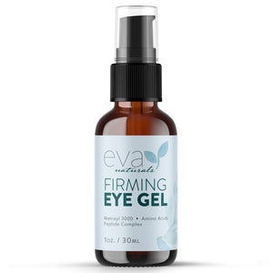 1 oz bottle of Eva Naturals Eye Gel, a firming and hydrating peptide serum for dark circles and puffiness.