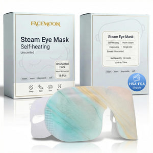 FACEMOON Self Heating Steam Eye Masks, a pack of 16 disposable warm compress masks for soothing dry and tired eyes.