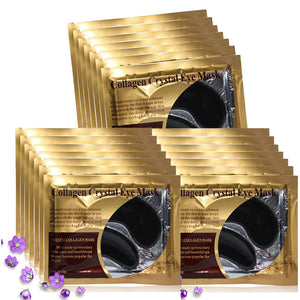 A jar containing 30 pairs of sleek Black Crystal eye patches by Felico, formulated with collagen for deep eye area recovery.