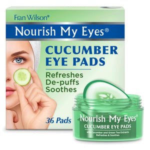 Jar of 36 Fran Wilson Nourish My Eyes pre-moistened cucumber eye pads for soothing and depuffing.