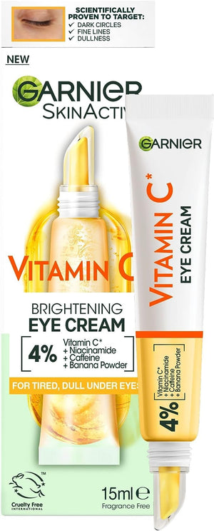 Garnier Vitamin C Eye Cream 15ml tube, clinical formula with Vitamin Cg and Caffeine for brightening dark circles and reducing puffiness.