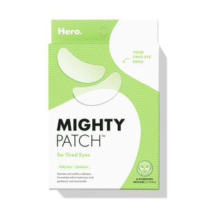 Box of 6 Hero Cosmetics Mighty Patch for Tired Eyes, soothing hydrogel patches for de-puffing and awakening undereyes.