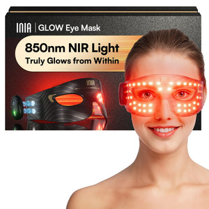 A high-tech INIA Red Light Therapy Eye Mask being used to treat under-eye wrinkles and dark circles with LED light technology.