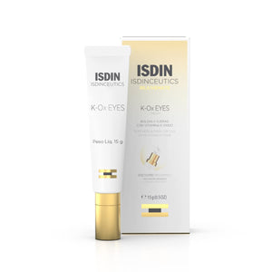 A 0.5 oz tube of ISDIN Isdinceutics K-Ox Eyes, featuring a specialized applicator for dark circles and puffiness.