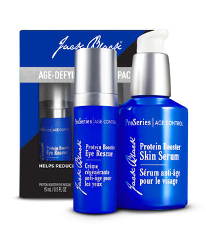 Jack Black 2-piece Age-Defying Booster Pack featuring the Protein Booster Skin Serum and Protein Booster Eye Rescue for men.