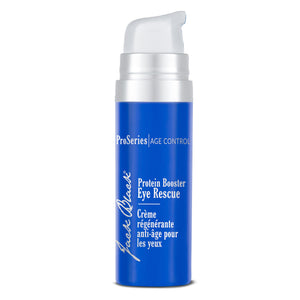 A 0.5 fl oz blue tube of Jack Black Protein Booster Eye Rescue, a premium anti-aging eye treatment for men.