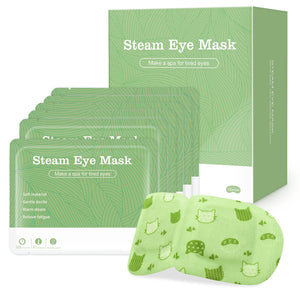 Jekeno Steam Eye Mask box and individual packs, highlighting the 40-60 minutes self-moist heated feature for eye relaxation.