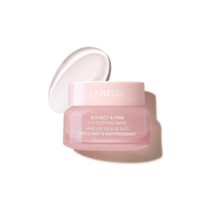 A 0.6 oz jar of LANEIGE Bouncy & Firm Eye Sleeping Mask, featuring its signature pink packaging and cooling applicator.