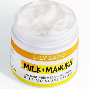 LILY SADO MILK+MANUKA™ Face Moisturizer jar, featuring natural Coconut Milk and Manuka Honey for organic anti-aging skincare.