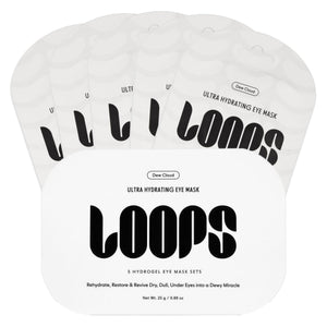 Box of 5 LOOPS Dew Cloud Hydrogel Eye Masks, showing the textured cooling patches designed for deep under-eye hydration.