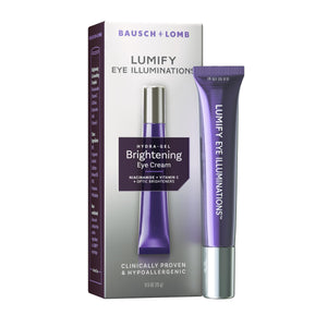 LUMIFY Eye Illuminations Hydra-Gel Brightening Eye Cream jar, 15g, featuring a powerful blend of Vitamin C, Caffeine, and Niacinamide for brighter eyes.