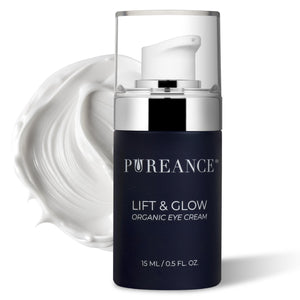 A 1 fl oz bottle of Lift & Glow Organic Eye Cream featuring natural ingredients like Kakadu Plum and Spirulina for eye rejuvenation.