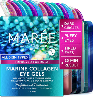 Box of 12 pairs MAREE Under Eye Patches featuring Collagen and Hyaluronic Acid for depuffing and dark circle treatment.
