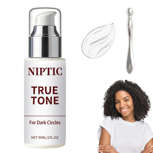 A single tube of Niptic True Tone Eye Cream, specially formulated for dark circles, puffiness, and repairing delicate eye skin.