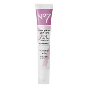 A 15 ml tube of No7 Menopause Skincare Firm & Bright Eye Concentrate featuring a cooling metal rollerball applicator for mature skin.