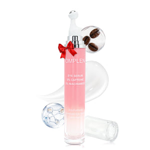 OMPLEN Eye Serum bottle with a 360-degree stainless steel massage rollerball for depuffing and dark circle treatment.
