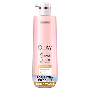 Olay Super Serum body wash bottle on a white background