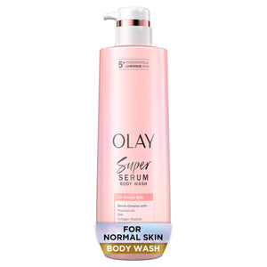 Olay Super Serum body wash bottle on a white background