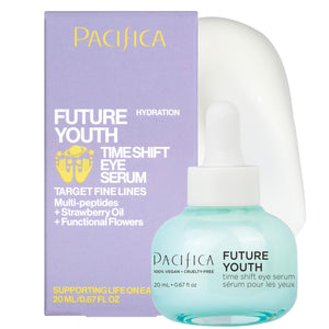 Pacifica Future Youth Time Shift Eye Serum bottle with Flora + Peptide-11 for lifting and firming the under-eye area.