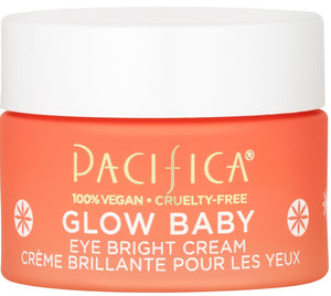 Pacifica Glow Baby Brightening Eye Cream tube, a caffeine-infused Vitamin C treatment for dark circles and puffiness.