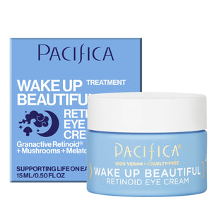 Pacifica Wake Up Beautiful Retinoid Eye Cream tube, a vegan night treatment for anti-aging and dark circles.