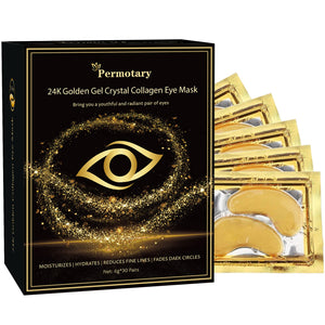 Permotary Gold Crystal Collagen Eye Masks, 60 pieces of gold-tinted hydrogel patches for brightening and hydrating the under-eye area.