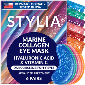 A compact pack of 6 pairs of Stylia Vegan Collagen & Vitamin C Under Eye Patches in a stylish gold design.
