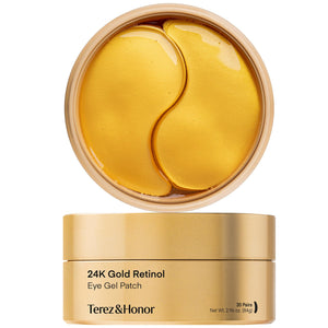 Jar of TEREZ & HONOR 24K Gold Retinol Under Eye Patches, 60 pieces of shimmering gold hydrogel masks for anti-aging treatment.