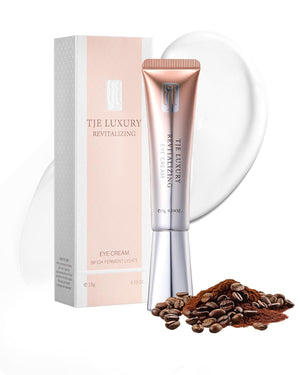TJE Caffeine Eye Cream with Hyaluronic Acid and Vitamin E for hydrating and reducing under-eye puffiness.