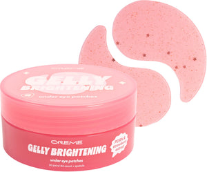 The Crème Shop Gelly Brightening Under Eye Patches jar, featuring pink hydrogel masks infused with PDRN and strawberry for tired eyes.